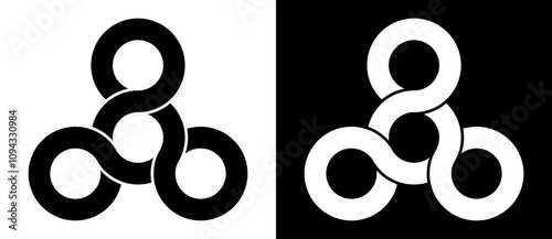 4 circle like crossroad sign. Design element or icon, logo. A black shape on a white background and the same white shape on the black side.