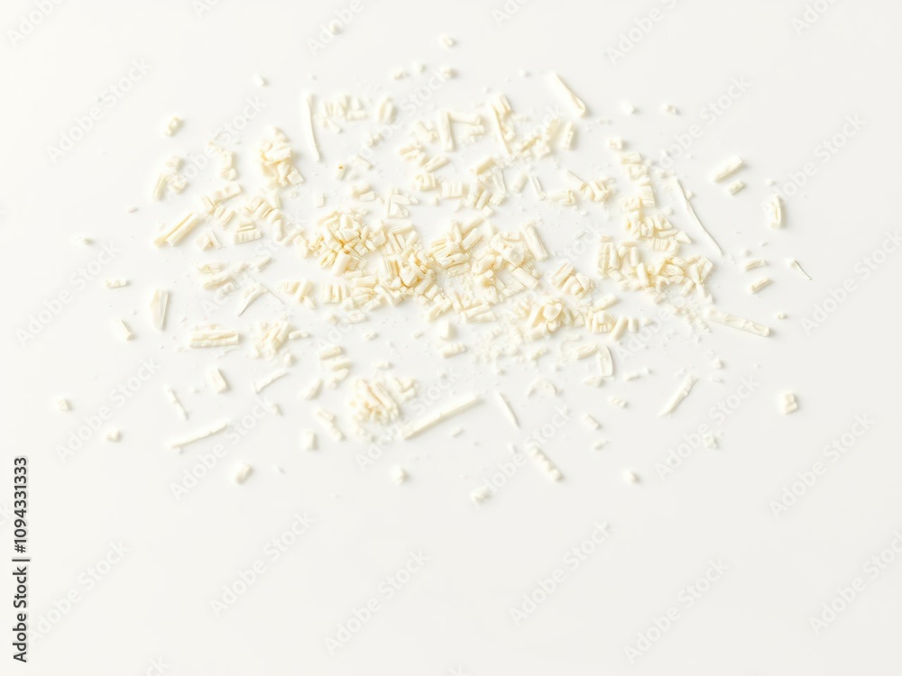 A delicate sprinkle of white chocolate shavings is scattered across a plain white surface creating a visually appealing pattern, sprinkles, texture A delicate sprinkle of white chocolate shavings is scattered across a plain white surface creating a visually appealing pattern, sprinkles, texture