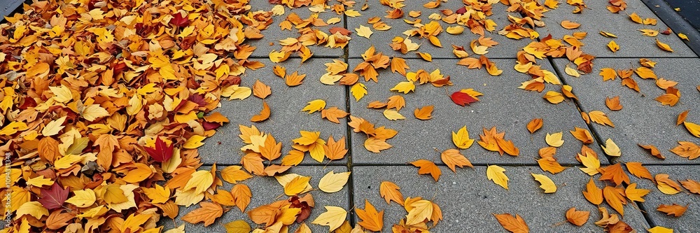 Leaves blanket the sidewalk in a kaleidoscope of autumn hues, leaf colors, tree branches