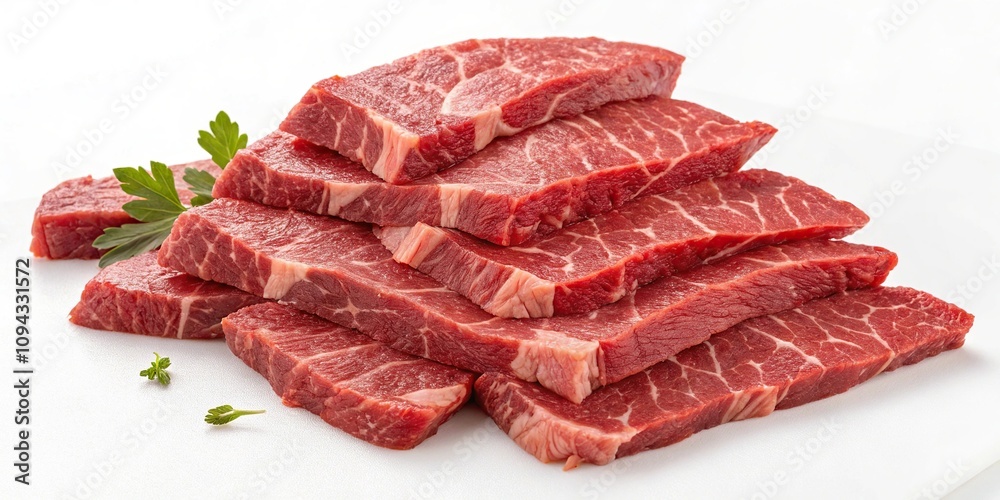 Thinly sliced beef strips arranged in a neat pile on a white surface, thin slices, meat products, snack