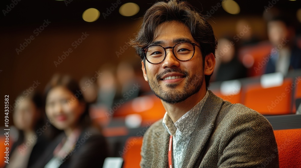 Fototapeta premium Smiling young man at a conference in a modern auditorium with engaged audience members