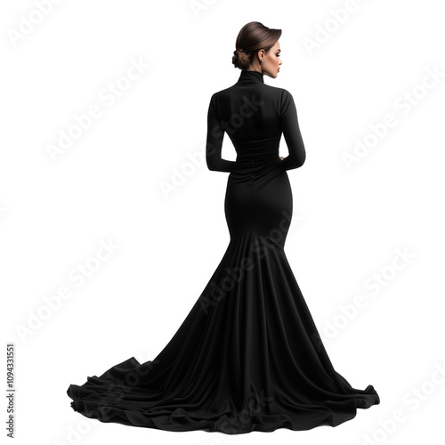 A glamorous woman dressed in a flowing black evening gown isolated on a transparent background