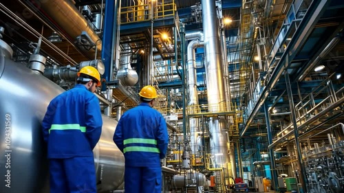 Engineering team inspecting machinery at an industrial plant, ensuring operational efficiency.