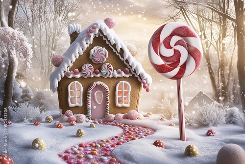 Lebkuchenhaus mit raffinierten Verzierungen aus Süssigkeiten in einer Schneelandschaft und einem Lolli im Garten photo
