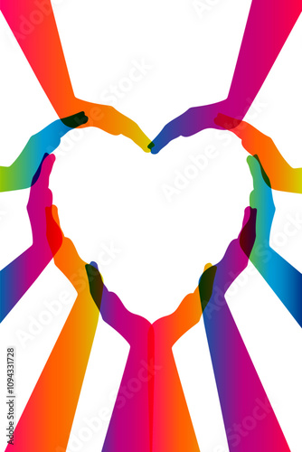 Many different hands making heart sign, isolated on white background. Frame with space for text. Concept of love, support, teamwork, volunteering. Valentine's day, human rights day, peace day.
