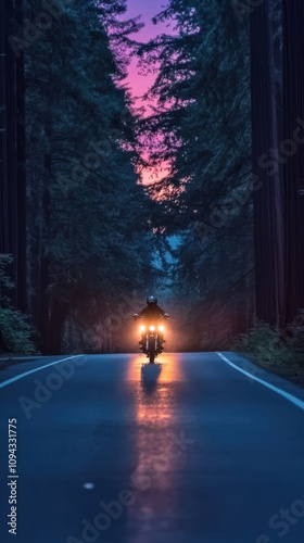 high-speed racing bike zipping along a forest road at dusk, with the headlights illuminating the tall trees and casting long shadows, while the setting sun paints the sky in shades of pink and purple photo