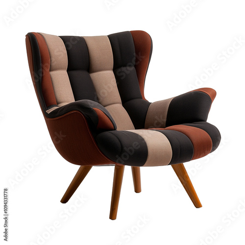A 3d rendered stylish mid-century modern armchair with tapered wooden legs and vibrant black and red fabric isolated on a transparent background