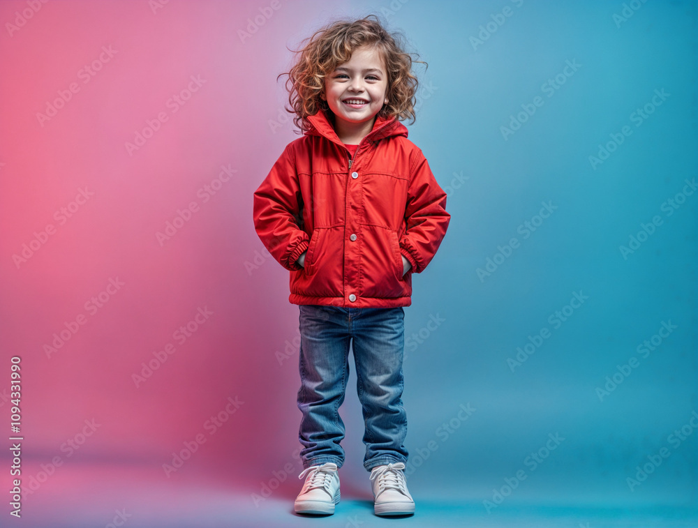 Europäisches Kind in Roter Jacke vor kräftigen Hintergrund Europäisches Kind in Roter Jacke vor kräftigen Hintergrund