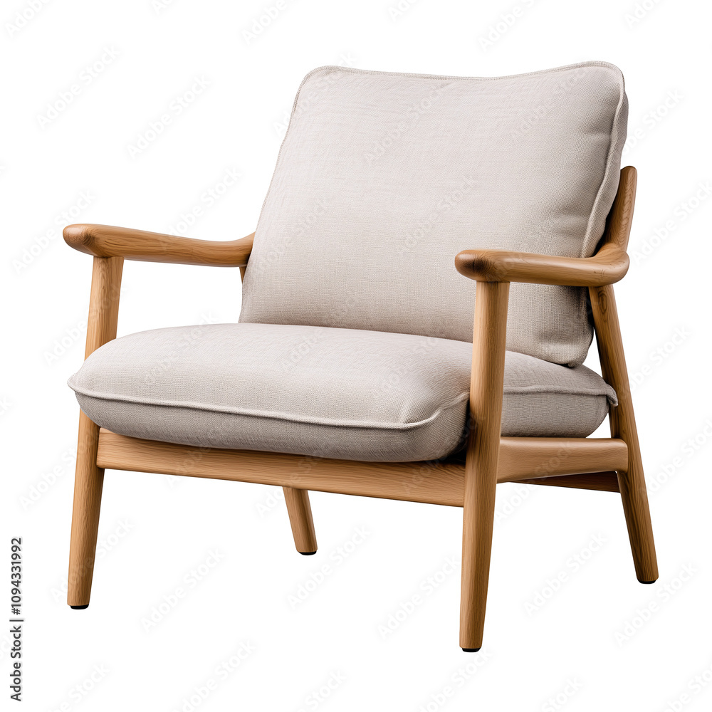 Modern comfortable Scandinavian style white beige armchair with wooden legs, white fabric isolated on a transparent background Modern comfortable Scandinavian style white beige armchair with wooden legs, white fabric isolated on a transparent background
