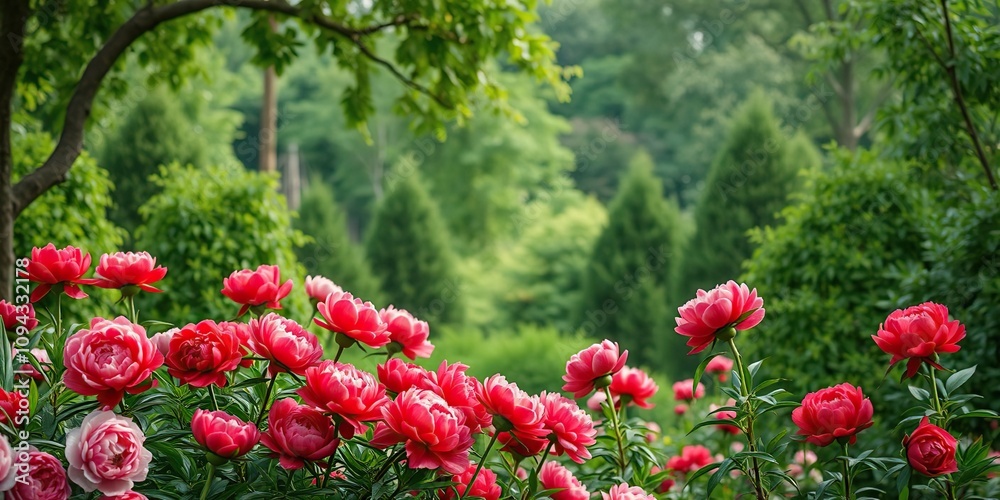 Lush Garden Scene with Red Peonies and Trees, red peonies, foliage Lush Garden Scene with Red Peonies and Trees, red peonies, foliage