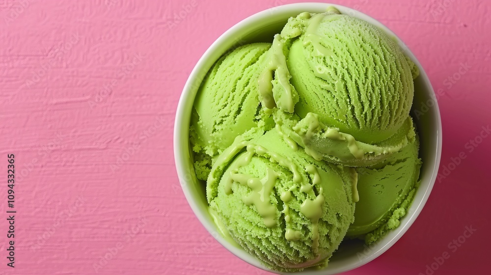 A bowl of green ice cream scoops on a pink surface. A bowl of green ice cream scoops on a pink surface.