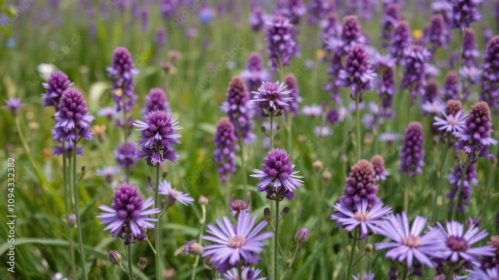 Lush purple wildflowers in a serene summer landscape, outdoors, fauna, meadow Lush purple wildflowers in a serene summer landscape, outdoors, fauna, meadow