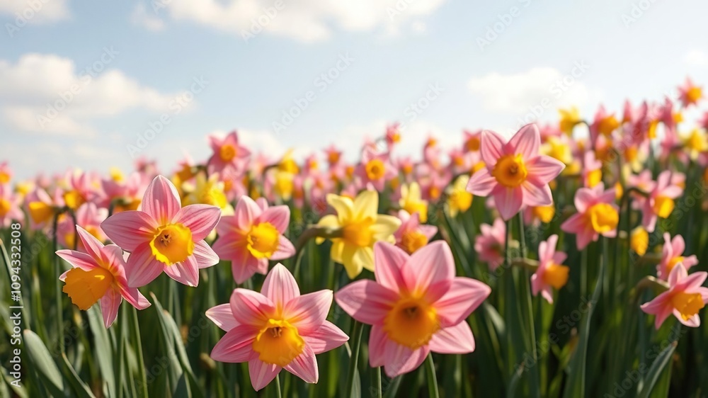 Pink and yellow daffodils in a field on a sunny background, pink blossoms, yellow daffodils, bright flowers Pink and yellow daffodils in a field on a sunny background, pink blossoms, yellow daffodils, bright flowers