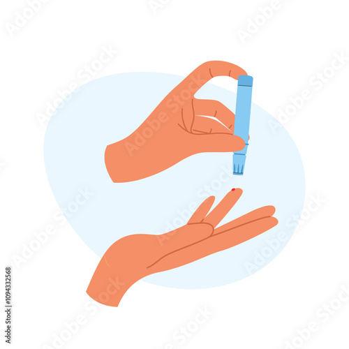 Hand pricking finger for blood test using a lancet.  Diabetes monitoring or health care