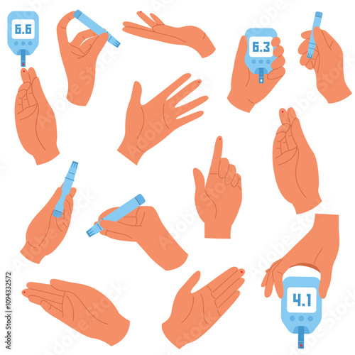 Diabetes controlling concept set with hands. Collection of human hands with puncture, glucometer, insulin pump. Hands hold various diabetes devices