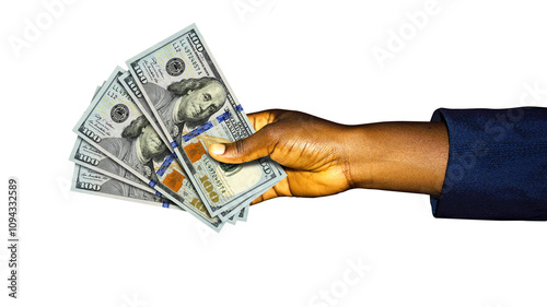 Black lady woman female hand in suit holding USA Dollar note over transparent background, currency of  united states
