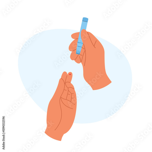 Hand performing a fingerstick test for blood glucose. Medical diagnostics and health awareness