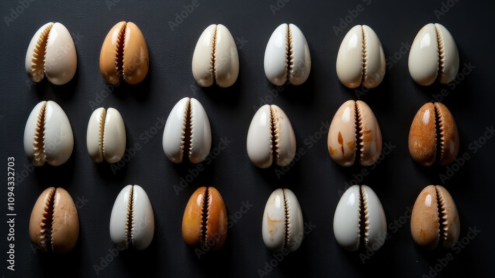 A sophisticated flat-lay of cowrie shells in a geometric pattern, enhanced by delicate lighting against a matte black background. A sophisticated flat-lay of cowrie shells in a geometric pattern, enhanced by delicate lighting against a matte black background.