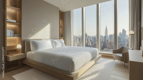 Modern minimalist style bedroom, spacious modern bedroom with large windows offering a cityscape view, featuring a king-sized bed with simple white bedding