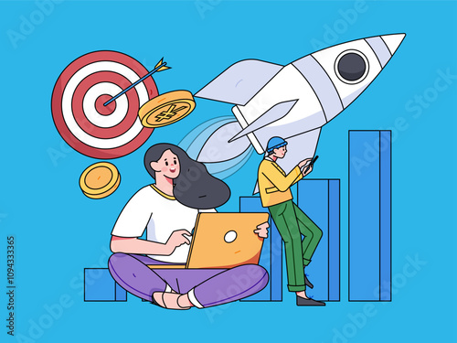 Marketing planning business characters flat vector concept operation hand drawn illustration
