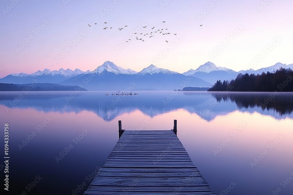 Tranquil Lake Reflection at Dusk with Dock and Mountains Tranquil Lake Reflection at Dusk with Dock and Mountains