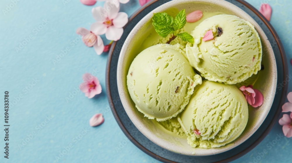 A bowl of green ice cream with floral accents. A bowl of green ice cream with floral accents.