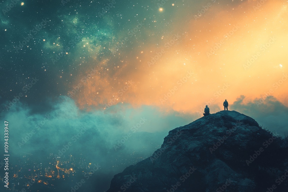 2410_085.dark figures perched on mountain overlook, astronomical phenomena display, urban glow below horizon, dreamy starlit atmosphere, celestial photography, deep teal and warm orange gradient 2410_085.dark figures perched on mountain overlook, astronomical phenomena display, urban glow below horizon, dreamy starlit atmosphere, celestial photography, deep teal and warm orange gradient