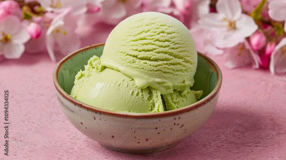 A bowl of green ice cream with floral backdrop. A bowl of green ice cream with floral backdrop.