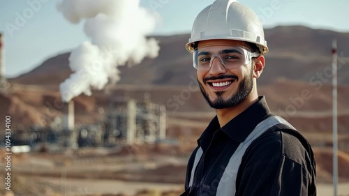 Smiling Arab geothermal engineer in safety gear and hard hat working at a geothermal plant in a desert setting, showcasing renewable energy and sustainable innovation.