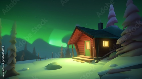 Wallpaper Mural Cozy Cabin Underneath a Vivid Northern Lights Display Torontodigital.ca