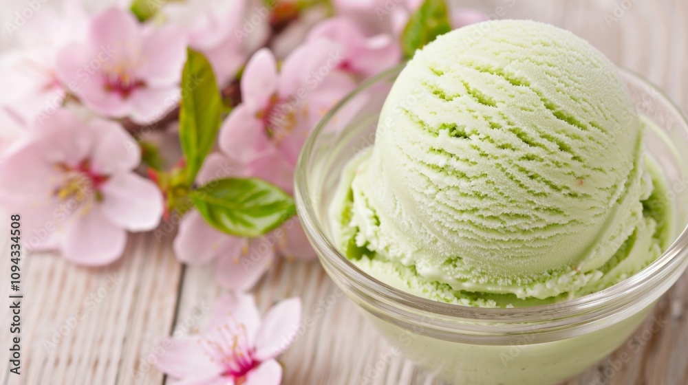 A bowl of green ice cream with pink flowers. A bowl of green ice cream with pink flowers.
