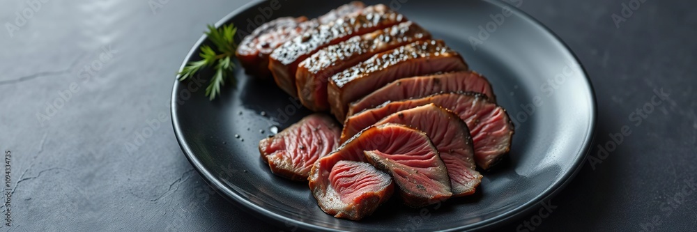 A juicy steak sliced into thin strips neatly arranged on a dark black plate showcasing its tender texture and inviting the viewer to indulge in its rich flavors, savory meat, steak slices A juicy steak sliced into thin strips neatly arranged on a dark black plate showcasing its tender texture and inviting the viewer to indulge in its rich flavors, savory meat, steak slices