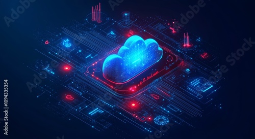 Futuristic Digital Illustration of Cloud Object with Integrated Network for Technology and Security in Development Operational Lifecycles