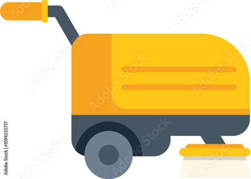 Illustration of a yellow cleaning machine scrubbing floor with rotating brushes, in flat design style