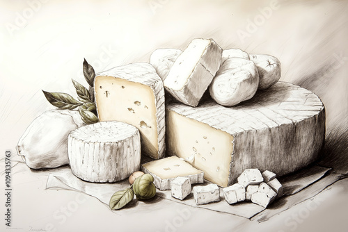 A drawing of a variety of cheeses on a table photo