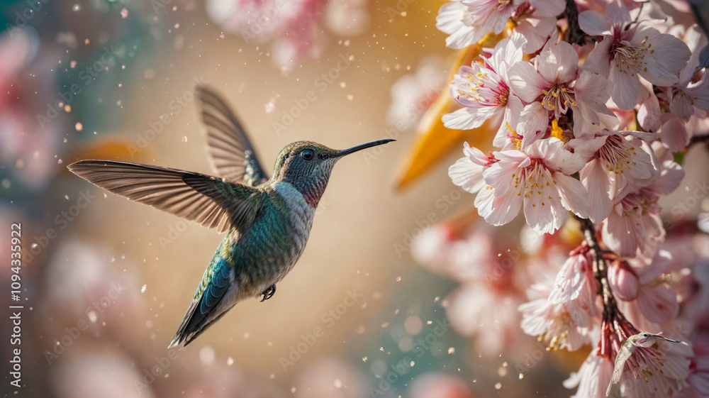 Naklejka premium Hummingbird flying to cherry blossom flowers on beautiful garden scenery