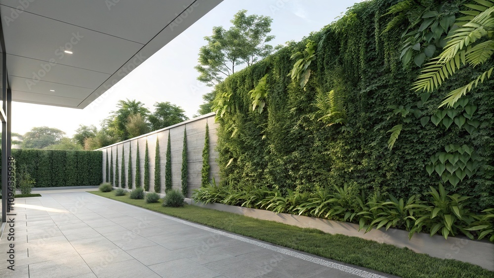 Naklejka premium A lush greenery of plants growing vertically on a modern garden wall, plant growth, green walls, garden decor, foliage, urban farming
