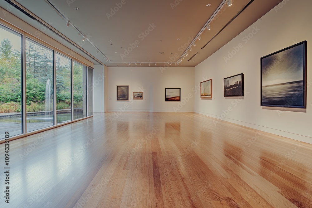 A spacious art gallery featuring various paintings and large windows overlooking greenery. A spacious art gallery featuring various paintings and large windows overlooking greenery.
