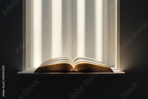 A close-up of an open book, its pages slightly curling, illuminated by soft sunlight streaming through a nearby window photo