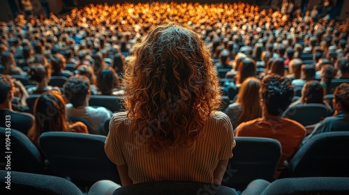 Audience captivated by a performance in a packed theater during an evening event in a vibrant city photo