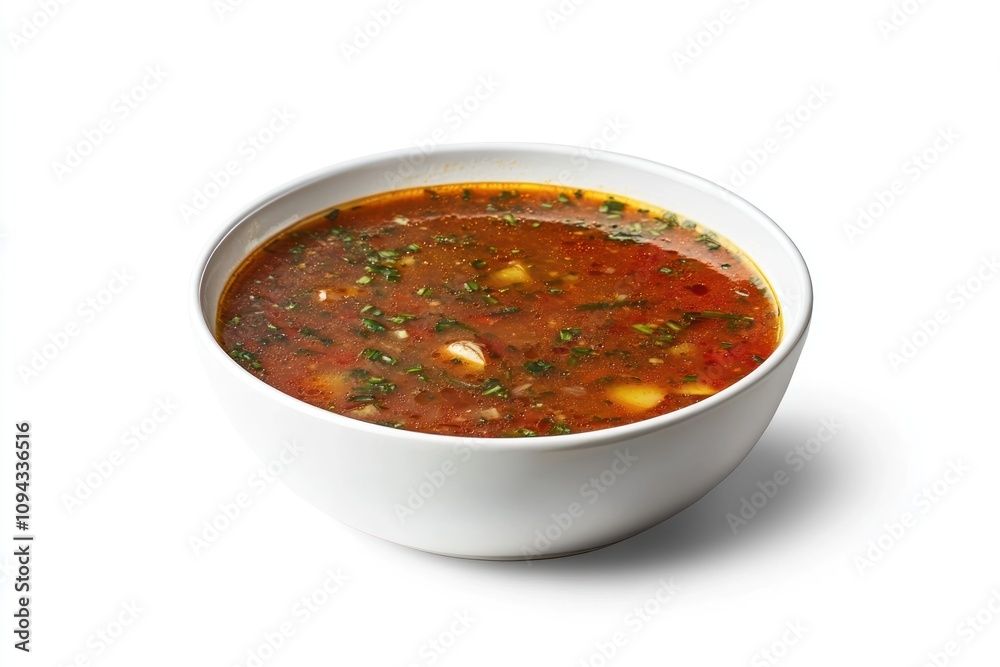 A bowl of hearty soup with vegetables and herbs, ideal for nourishment and comfort.