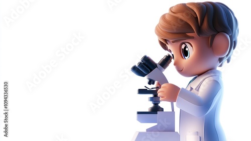 A cartoon character in a lab coat examines a sample under a microscope.