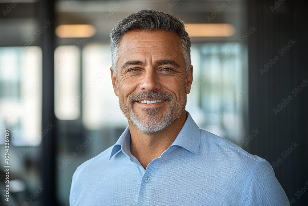 Obraz premium Smiling professional middle-aged man in office setting confident businessman investor headshot portrait
