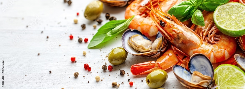 A vibrant seafood platter featuring shrimp, clams, olives, and lime on a wooden surface. A vibrant seafood platter featuring shrimp, clams, olives, and lime on a wooden surface.