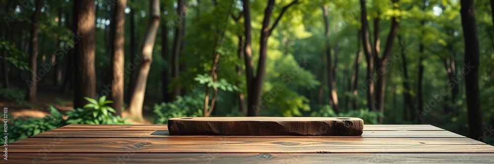 Rustic wooden table centerpiece with a serene forest background featuring blurred trees and lush green foliage, outdoors, outdoor setting, home decor Rustic wooden table centerpiece with a serene forest background featuring blurred trees and lush green foliage, outdoors, outdoor setting, home decor