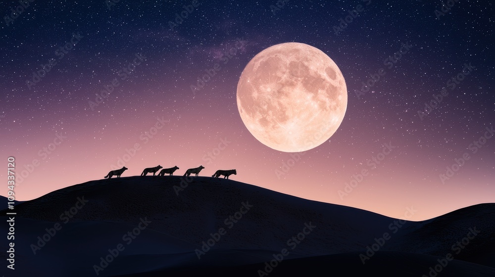 A pack of wolves howling at a full moon, silhouetted against a snowy mountain backdrop under a starry night sky A pack of wolves howling at a full moon, silhouetted against a snowy mountain backdrop under a starry night sky