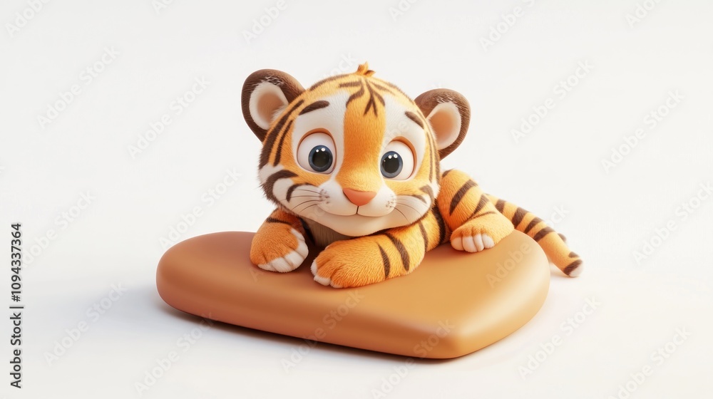 A cute cartoon tiger cub resting on a soft surface, exuding charm and playfulness. A cute cartoon tiger cub resting on a soft surface, exuding charm and playfulness.