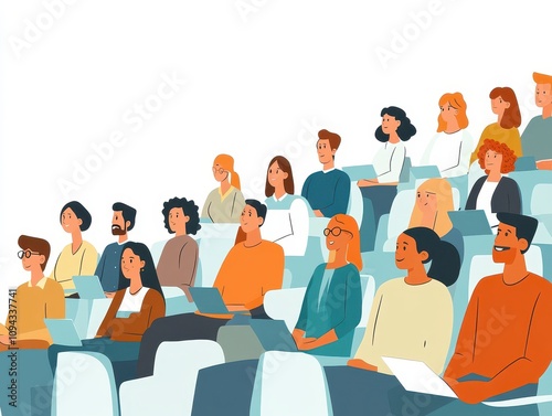 Professionals attending online training, diverse audience, flat design illustration