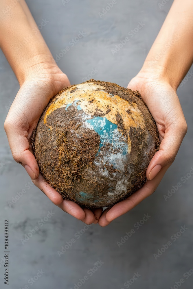 Hands holding oilcovered globe, fossil fuels, visualizing global environmental impact