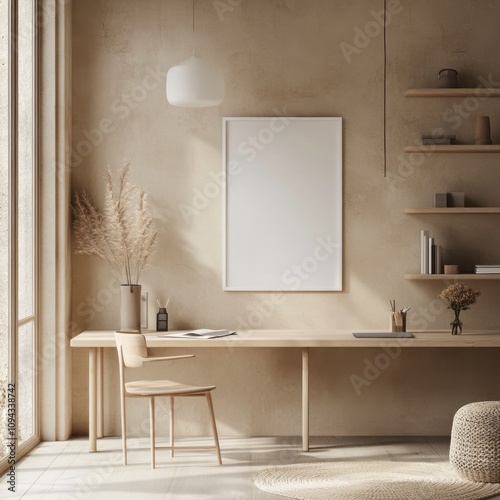 A minimalist home office with natural light, plants, and a neutral color palette. photo